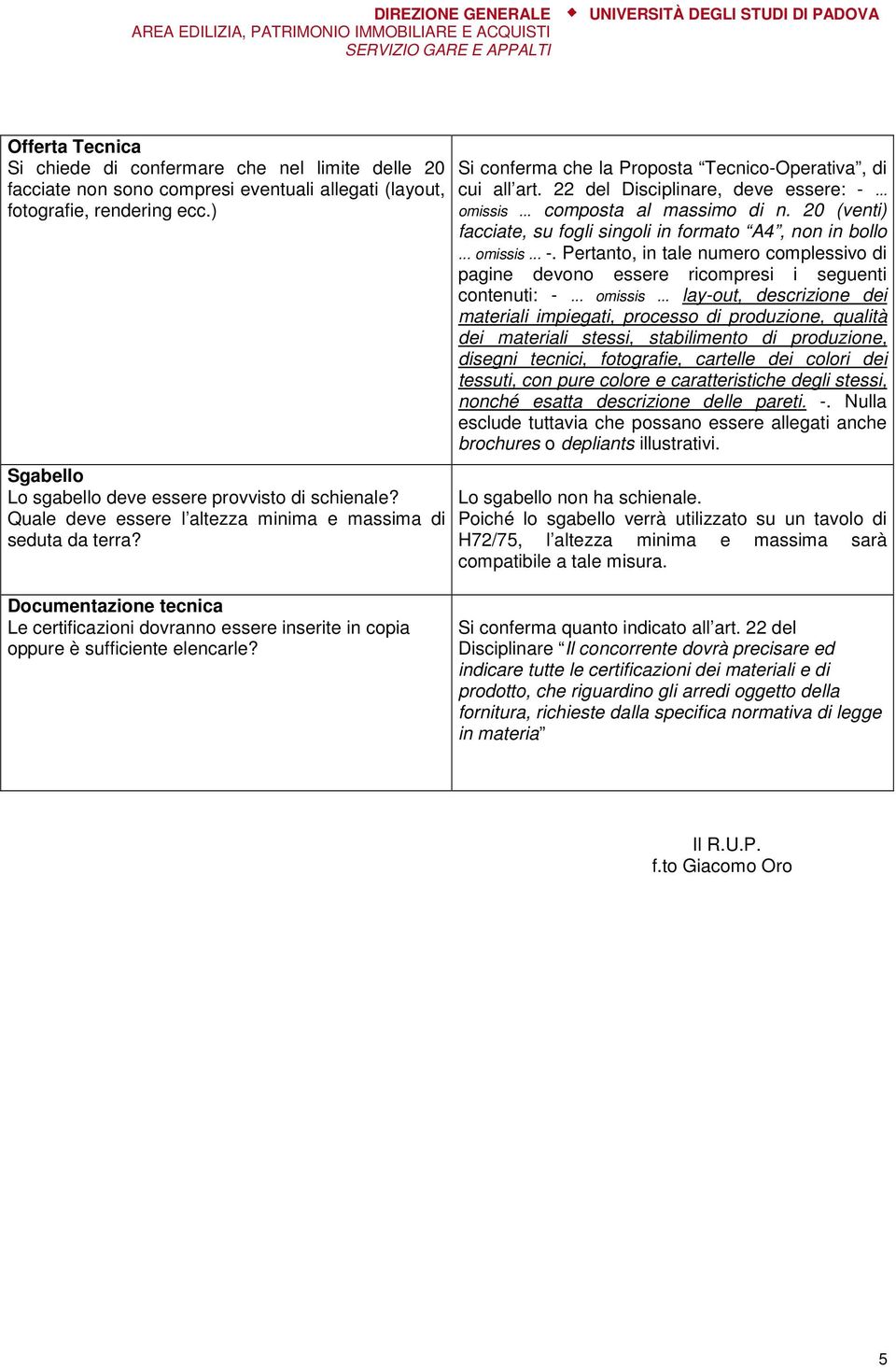 22 del Disciplinare, deve essere: -... omissis... composta al massimo di n. 20 (venti) facciate, su fogli singoli in formato A4, non in bollo... omissis... -. Pertanto, in tale numero complessivo di pagine devono essere ricompresi i seguenti contenuti: -.