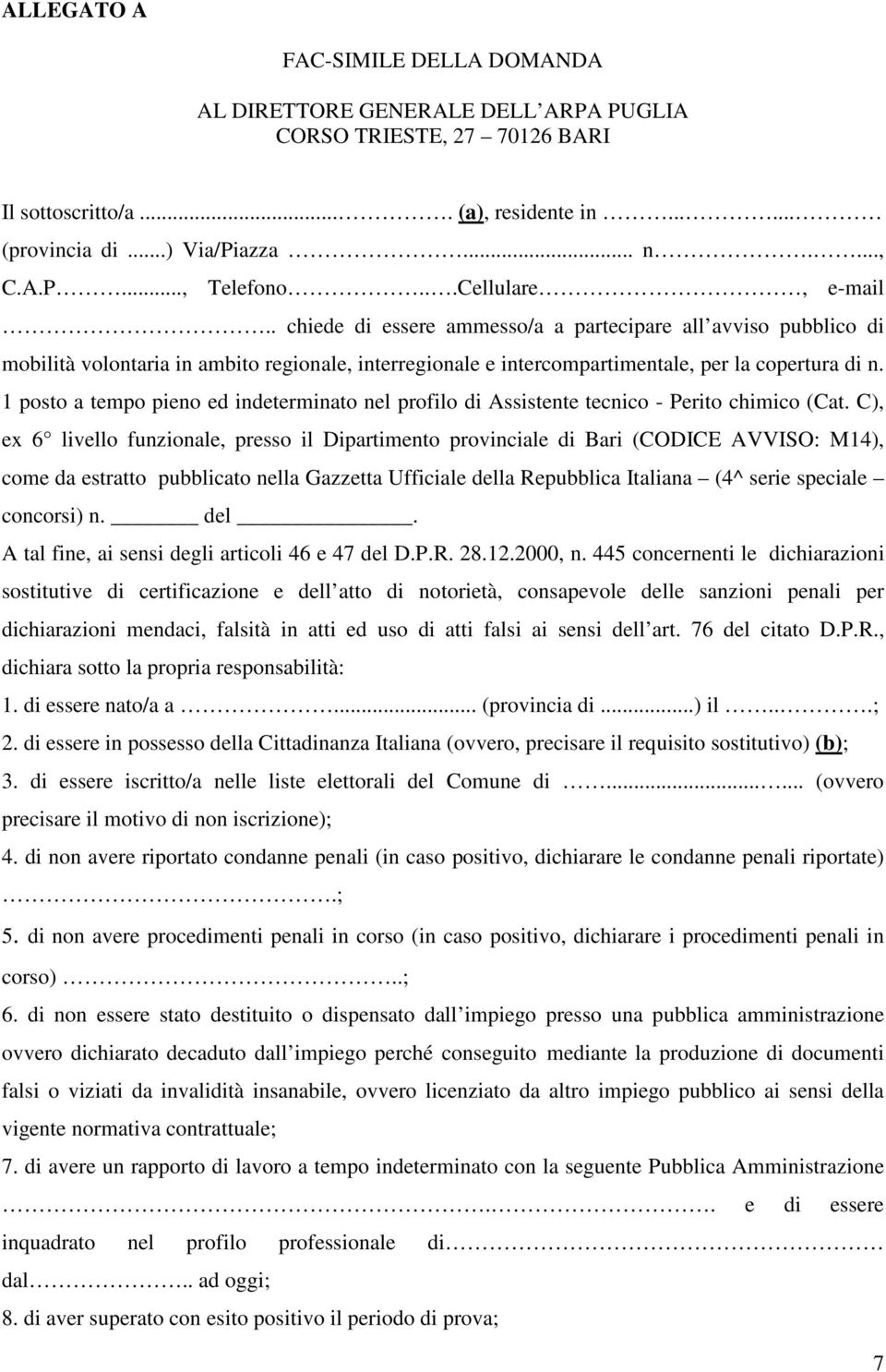 1 posto a tempo pieno ed indeterminato nel profilo di Assistente tecnico - Perito chimico (Cat.