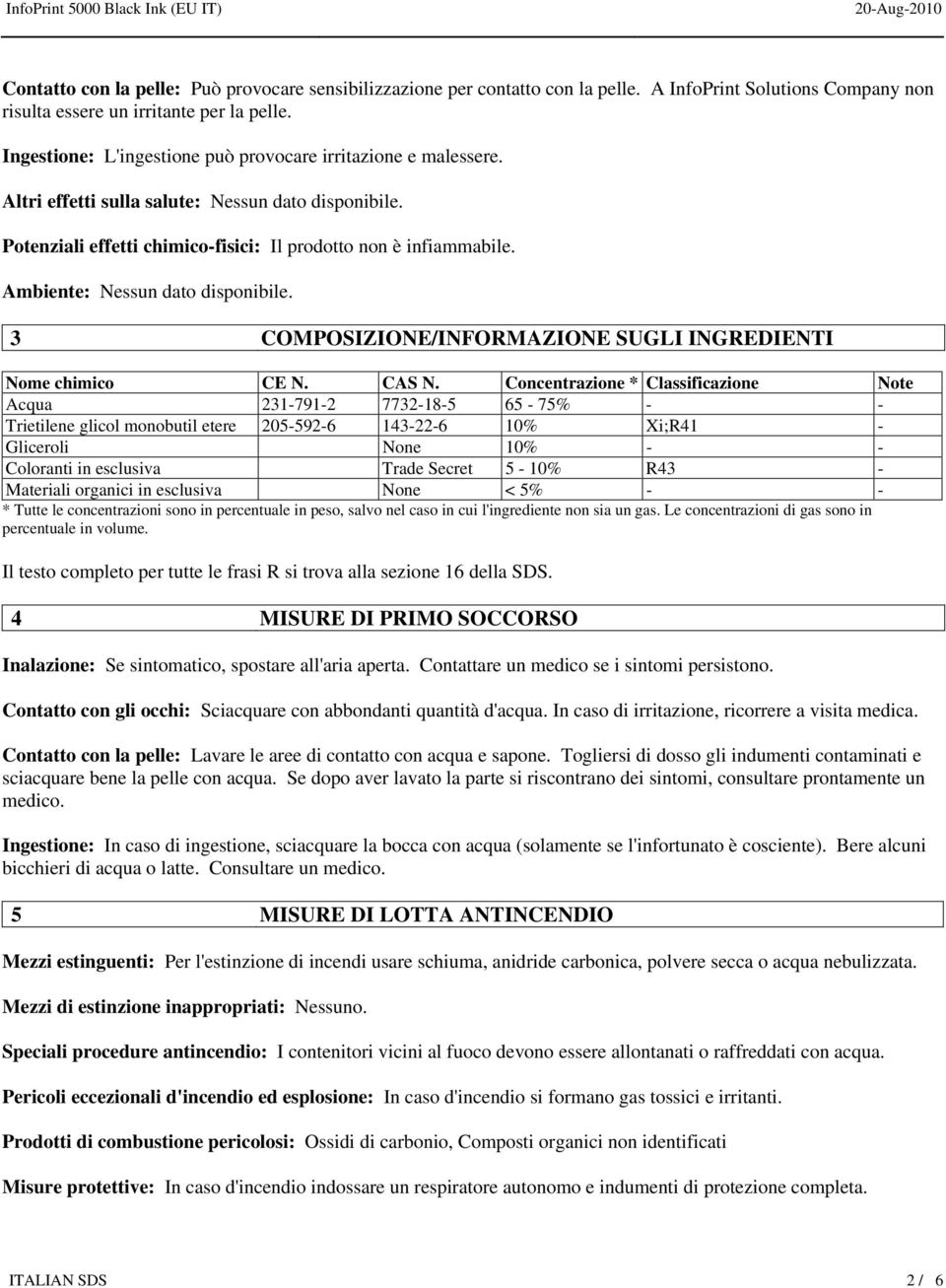 Ambiente: Nessun dato disponibile. 3 COMPOSIZIONE/INFORMAZIONE SUGLI INGREDIENTI Nome chimico CE N. CAS N.