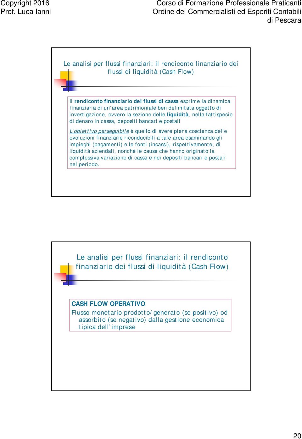 tale area esaminando gli impieghi (pagamenti) e le fonti (incassi), rispettivamente, di liquidità aziendali, nonché le cause che hanno originato la complessiva variazione di cassa e nei depositi