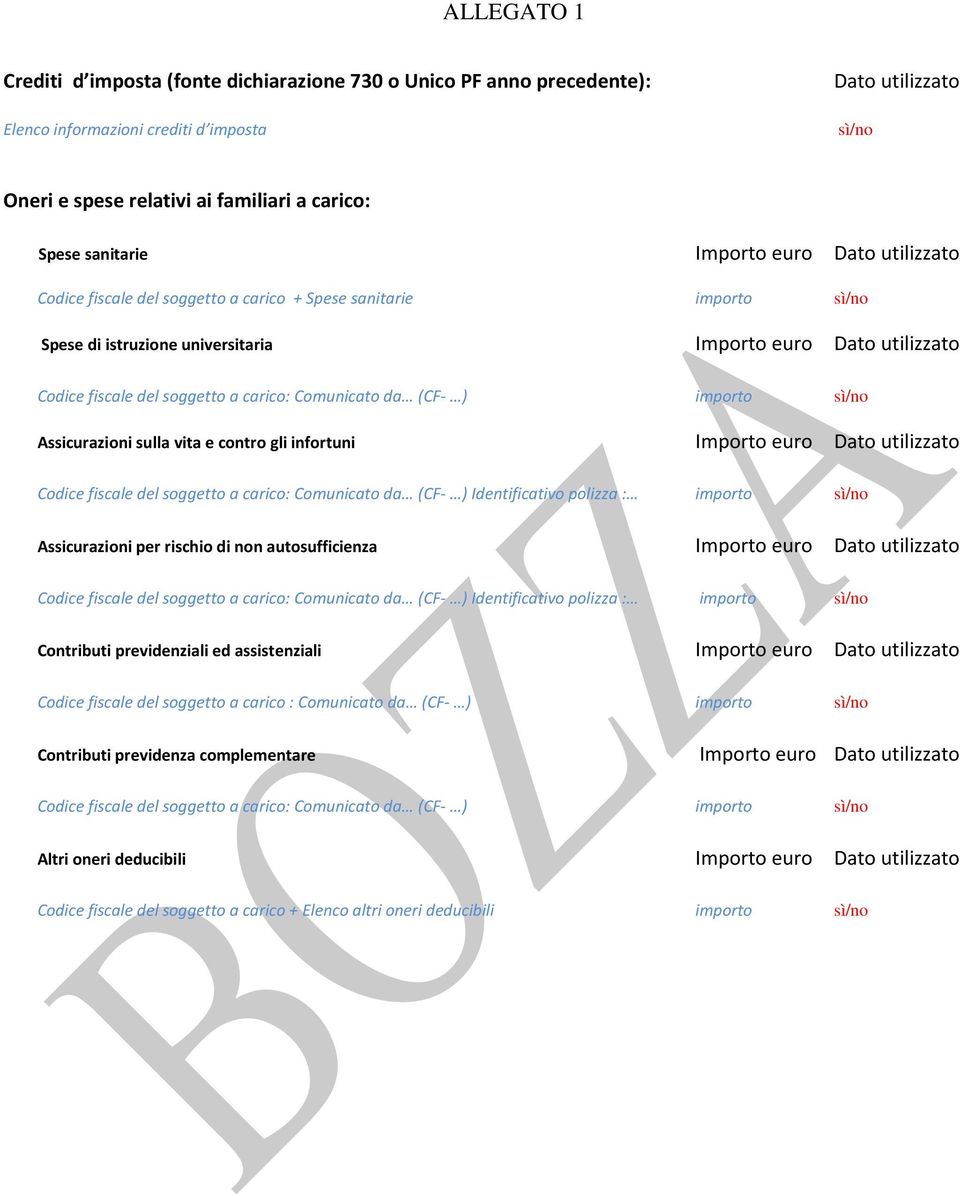 a carico: Comunicato da (CF- ) importo sì/no Assicurazioni sulla vita e contro gli infortuni Importo euro Dato utilizzato Codice fiscale del soggetto a carico: Comunicato da (CF- ) Identificativo