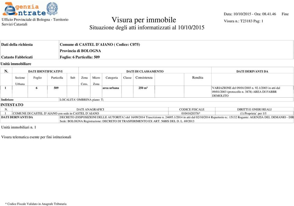 Unità immobiliare N. DATI IDENTIFICATIVI DATI DI CLASSAMENTO DATI DERIVANTI DA Sezione Foglio Particella Sub Zona Micro Categoria Classe Consistenza Rendita Urbana Cens.