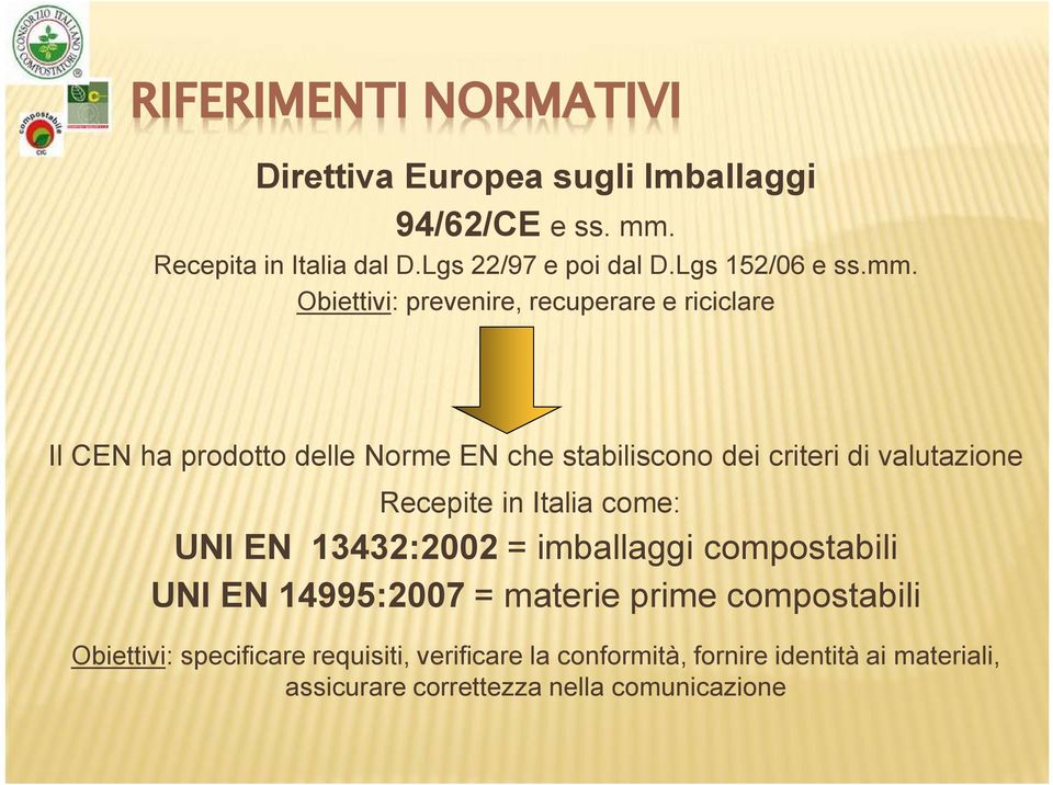 Obiettivi: prevenire, recuperare e riciclare Il CEN ha prodotto delle Norme EN che stabiliscono dei criteri di valutazione