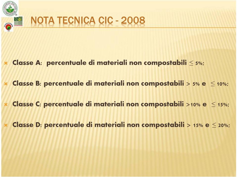 compostabili > 5% e 10%; Classe C: percentuale di materiali non