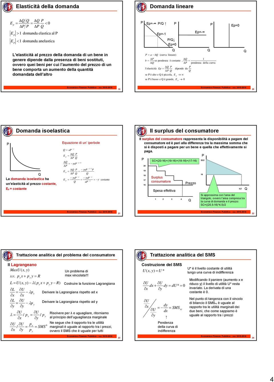 è iccola, se è basso e è grande, Δ, Δ endenza della curva diende da 0 9 0 Domanda isoelastica Il surlus del consumatore La domanda isoelastica ha un elasticità al rezzo costante, costante quazione di