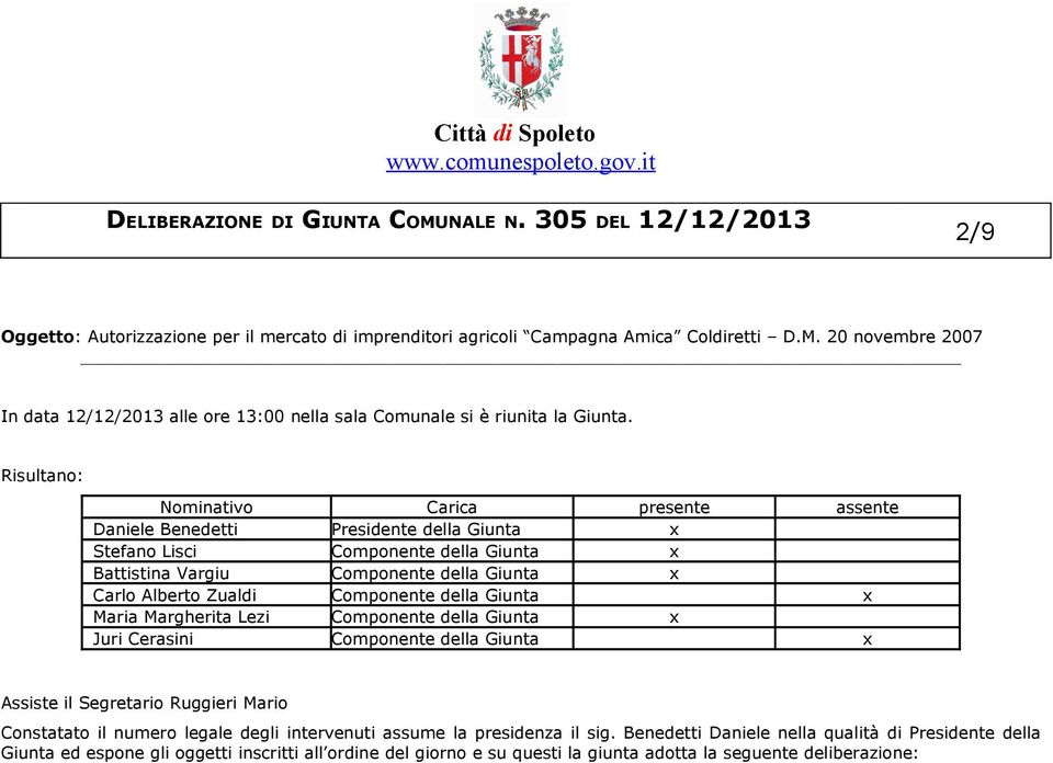 Componente della Giunta x Maria Margherita Lezi Componente della Giunta x Juri Cerasini Componente della Giunta x Assiste il Segretario Ruggieri Mario Constatato il numero legale degli