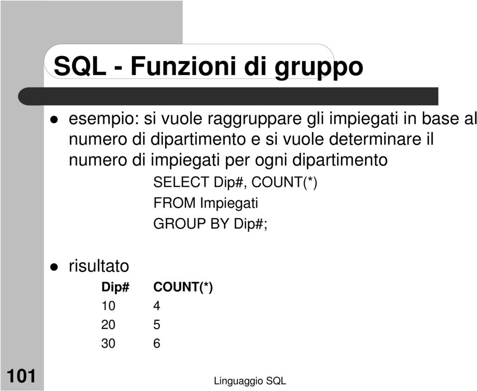 impiegati per ogni dipartimento SELECT Dip#, COUNT(*) FROM