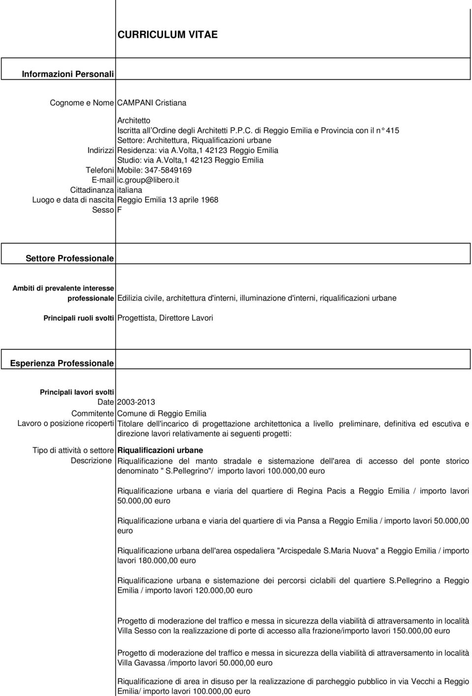 it Cittadinanza italiana Luogo e data di nascita Reggio Emilia 13 aprile 1968 Sesso F Settore Professionale Ambiti di prevalente interesse professionale Edilizia civile, architettura d'interni,