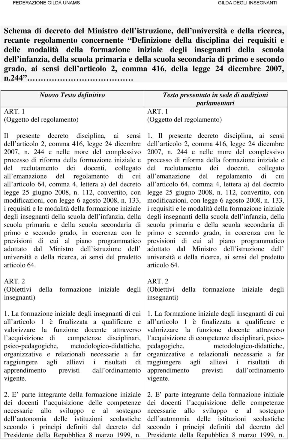 244 Nuovo Testo definitivo ART. 1 (Oggetto del regolamento) Il presente decreto disciplina, ai sensi dell articolo 2, comma 416, legge 24 dicembre 2007, n.