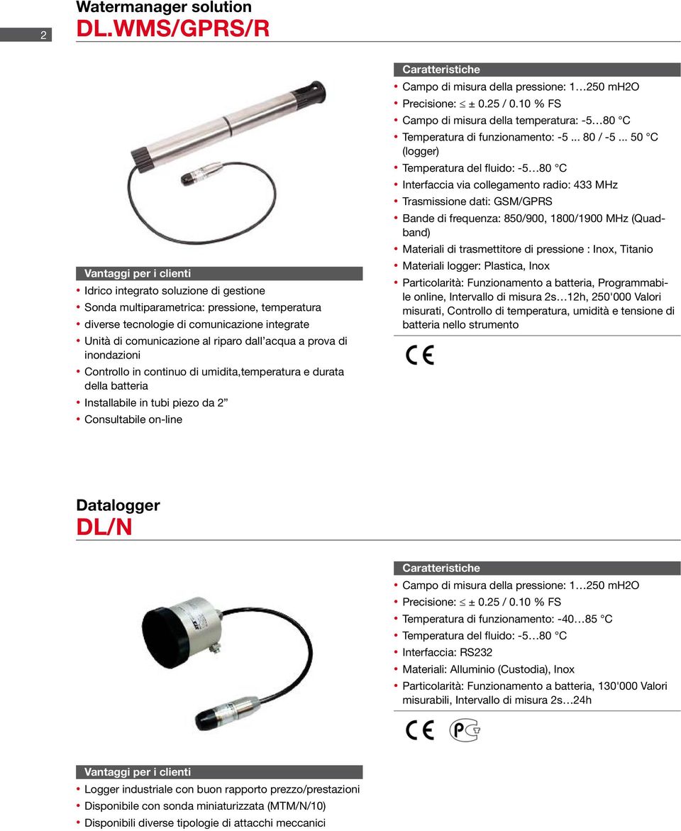 inondazioni Controllo in continuo di umidita,temperatura e durata della batteria Installabile in tubi piezo da 2 Consultabile on-line Campo di misura della temperatura: -5 80 C Temperatura di