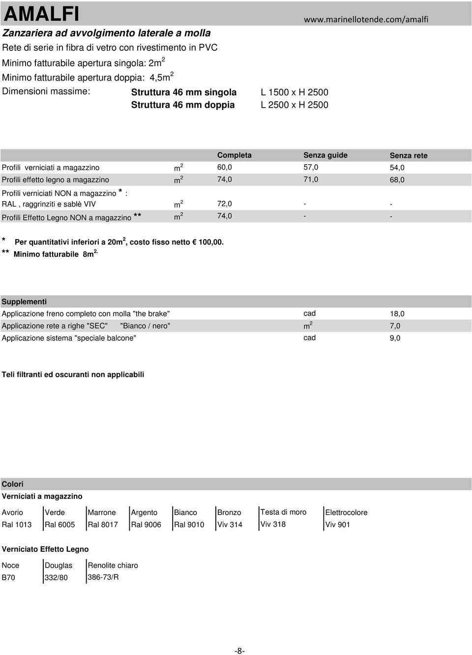 legno a magazzino m 2 74,0 71,0 68,0 Profili verniciati NON a magazzino * : RAL, raggrinziti e sablè VIV m 2 72,0 74,0 Profili Effetto Legno NON a magazzino ** m 2 * Per quantitativi inferiori a 20m