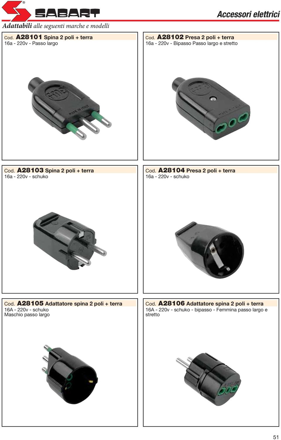 A28103 Spina 2 poli + terra 16a - 220v - schuko Cod. A28104 Presa 2 poli + terra 16a - 220v - schuko Cod.