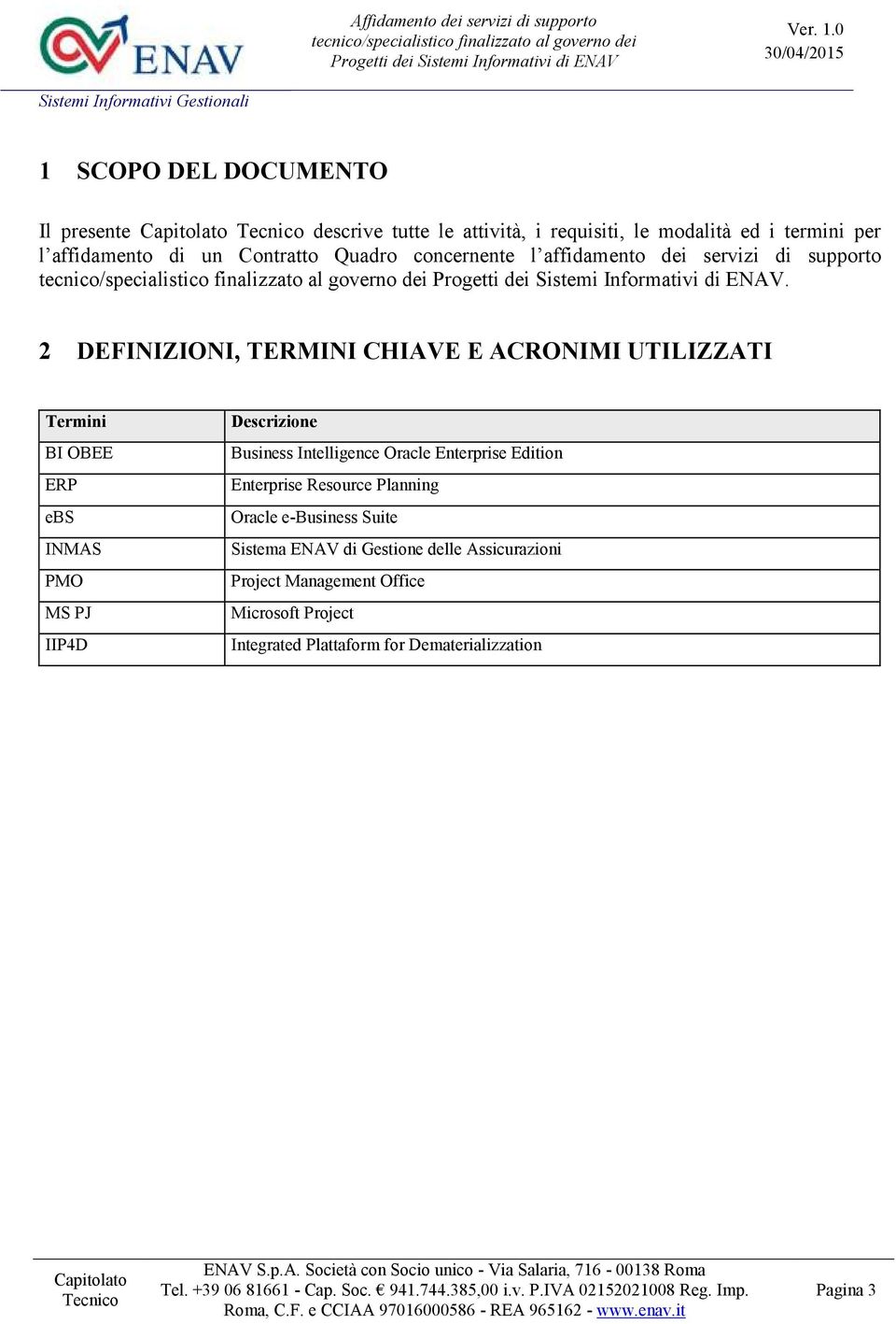 2 DEFINIZIONI, TERMINI CHIAVE E ACRONIMI UTILIZZATI Termini BI OBEE ERP ebs INMAS PMO MS PJ IIP4D Descrizione Business Intelligence