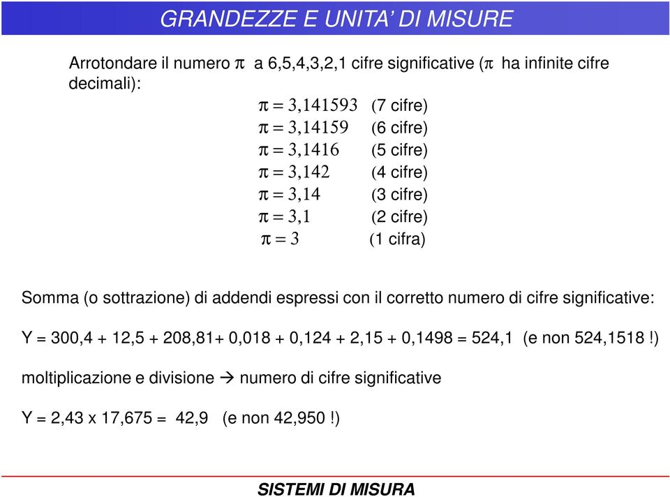 (o sottrazione) di addendi espressi con il corretto numero di cifre significative: Y = 300,4 + 12,5 + 208,81+ 0,018 + 0,124 + 2,15