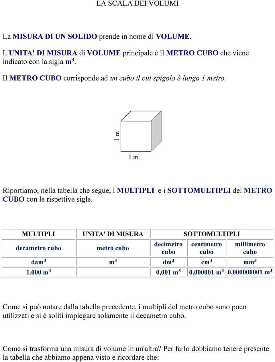 MULTIPLI UNITA' DI MISURA SOTTOMULTIPLI decametro cubo metro cubo decimetro cubo centimetro cubo millimetro cubo dam 3 m 3 dm 3 cm 3 mm 3 1.