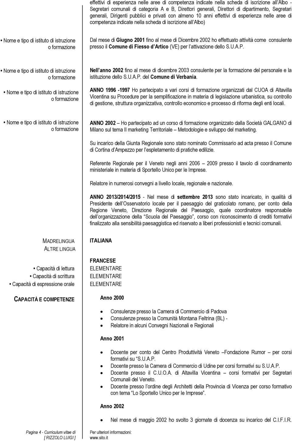 Dicembre 2002 ho effettuato attività come consulente presso il Comune di Fiesso d Artico (VE) per l attivazione dello S.U.A.P.