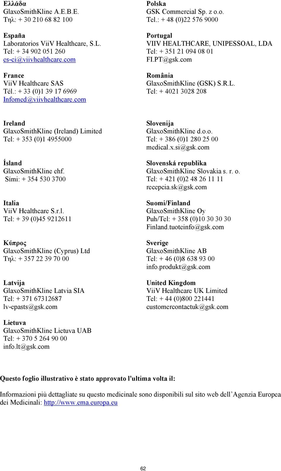com România GlaxoSmithKline (GSK) S.R.L. Tel: + 4021 3028 208 Ireland GlaxoSmithKline (Ireland) Limited Tel: + 353 (0)1 4955000 Ísland GlaxoSmithKline ehf.