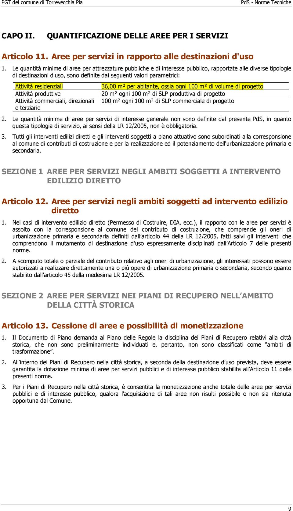 residenziali Attività produttive Attività commerciali, direzionali e terziarie 36,00 m² per abitante, ossia ogni 100 m³ di volume di progetto 20 m² ogni 100 m² di SLP produttiva di progetto 100 m²