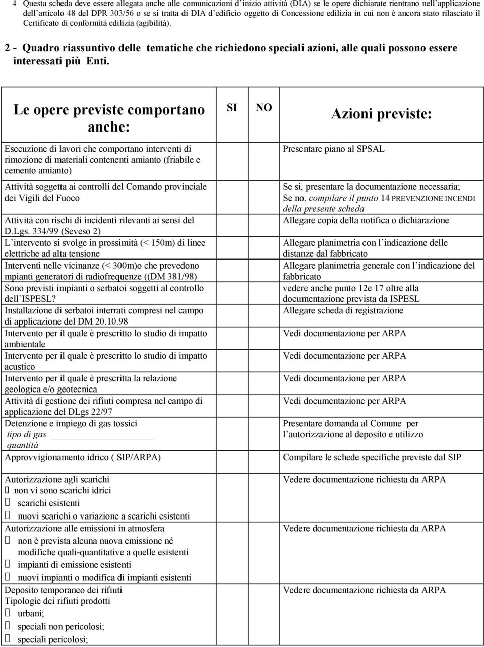 2 - Quadro riassuntivo delle tematiche che richiedono speciali azioni, alle quali possono essere interessati più Enti.