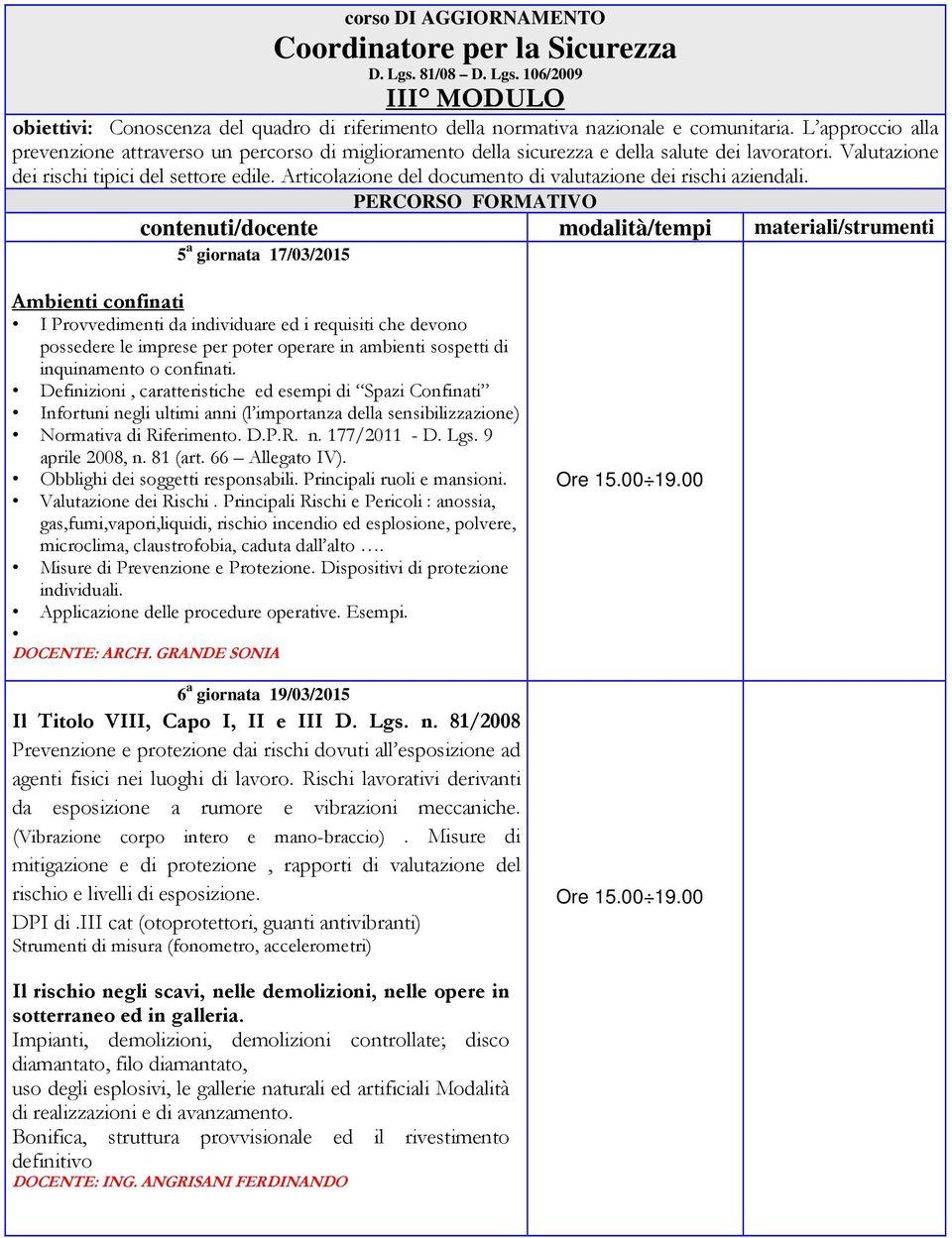 contenuti/docente modalità/tempi materiali/strumenti 5 a giornata 17/03/2015 Ambienti confinati I Provvedimenti da individuare ed i requisiti che devono possedere le imprese per poter operare in