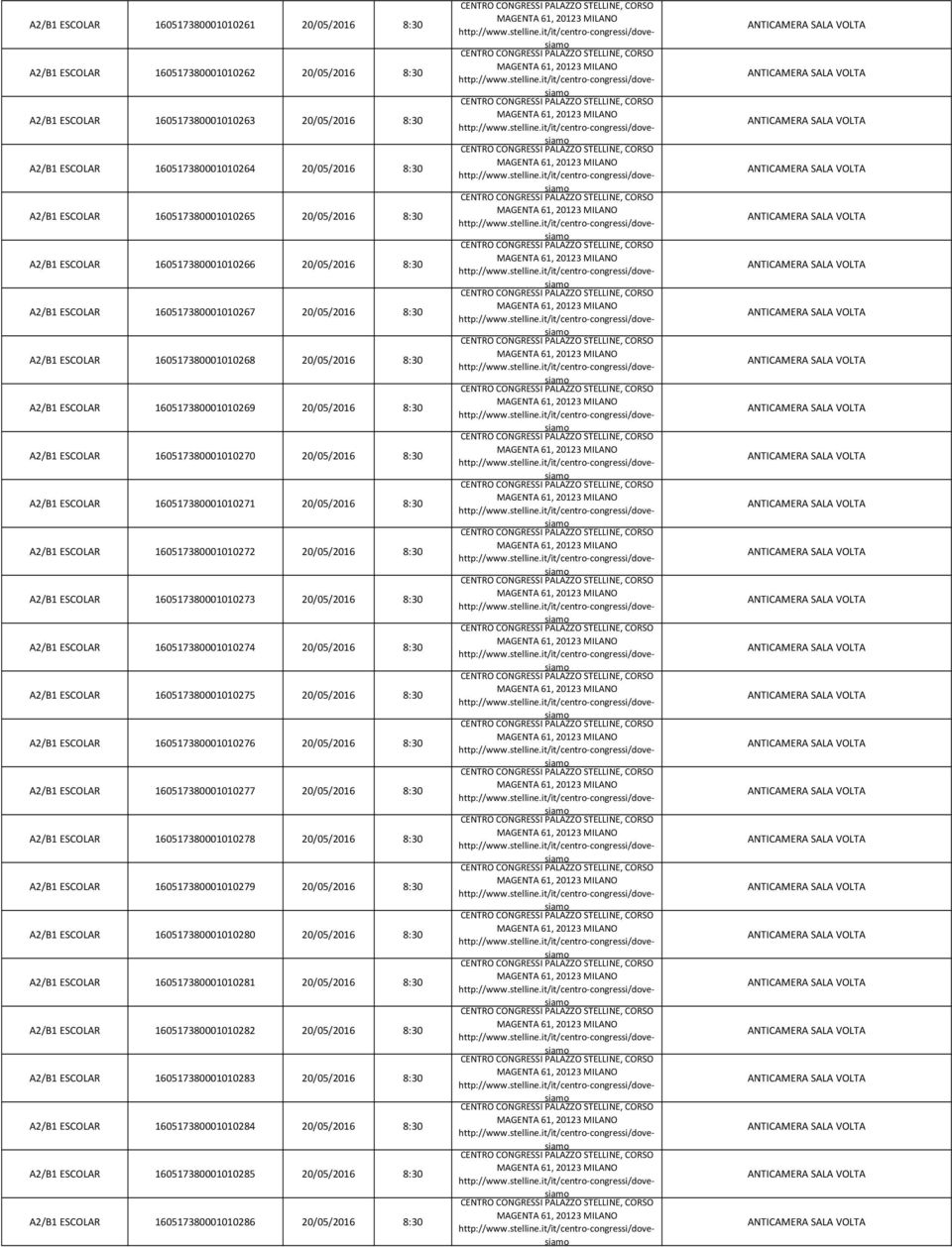 A2/B1 ESCOLAR 160517380001010269 20/05/2016 8:30 A2/B1 ESCOLAR 160517380001010270 20/05/2016 8:30 A2/B1 ESCOLAR 160517380001010271 20/05/2016 8:30 A2/B1 ESCOLAR 160517380001010272 20/05/2016 8:30