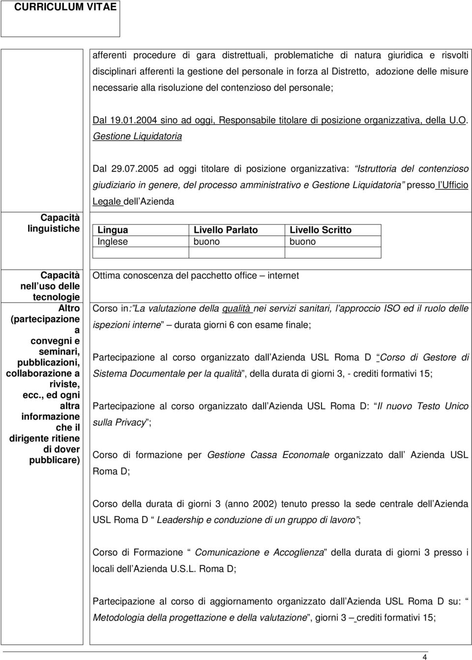 2005 ad oggi titolare di posizione organizzativa: Istruttoria del contenzioso giudiziario in genere, del processo amministrativo e Gestione Liquidatoria presso l Ufficio Legale dell Azienda Capacità