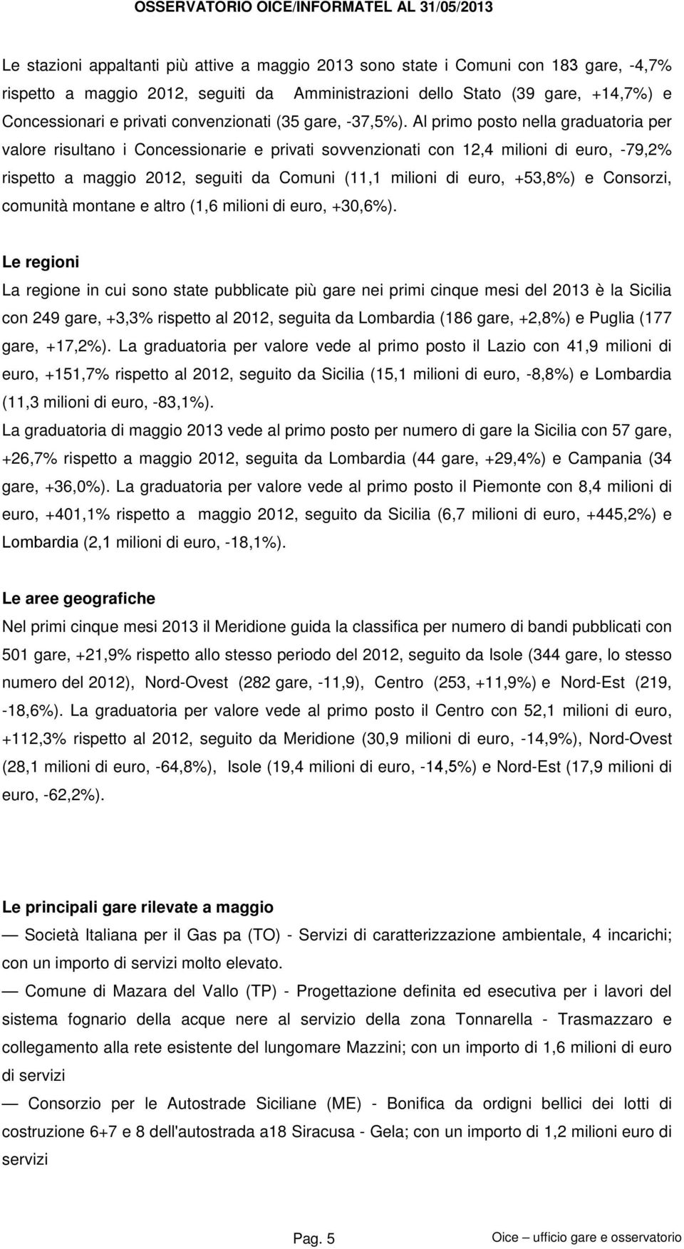 Al primo posto nella graduatoria per valore risultano i Concessionarie e privati sovvenzionati con 12,4 milioni di euro, -79,2% rispetto a maggio 2012, seguiti da Comuni (11,1 milioni di euro,