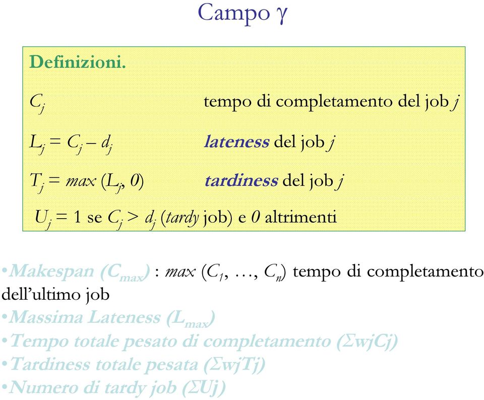 tardiness del job j U j = 1 se j > d j (tardy job) e 0 altrimenti Makespan ( max ) : max (