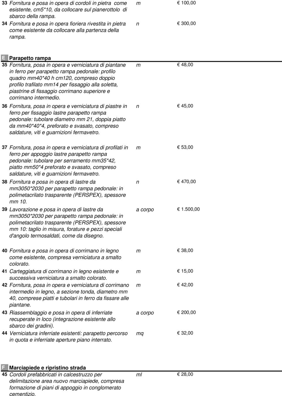 m 100,00 n 300,00 E Parapetto rampa 35 Fornitura, posa in opera e verniciatura di piantane in ferro per parapetto rampa pedonale: profilo quadro mm40*40 h cm120, compreso doppio profilo trafilato