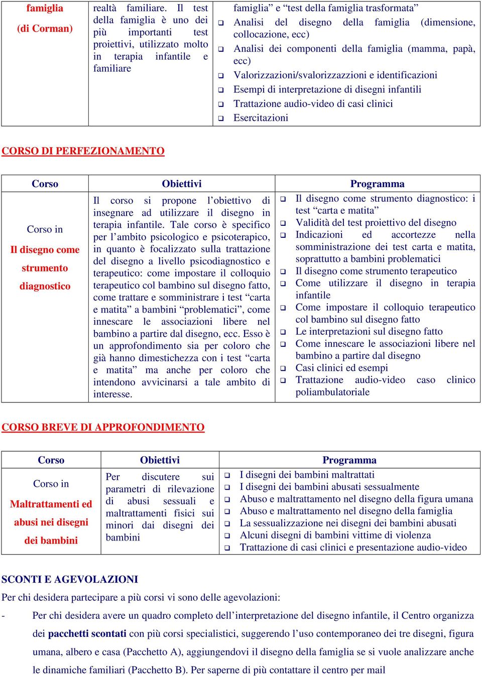 (dimensione, collocazione, Analisi dei componenti della famiglia (mamma, papà, Valorizzazioni/svalorizzazzioni e identificazioni CORSO DI PERFEZIONAMENTO Il corso si propone l obiettivo di Il disegno