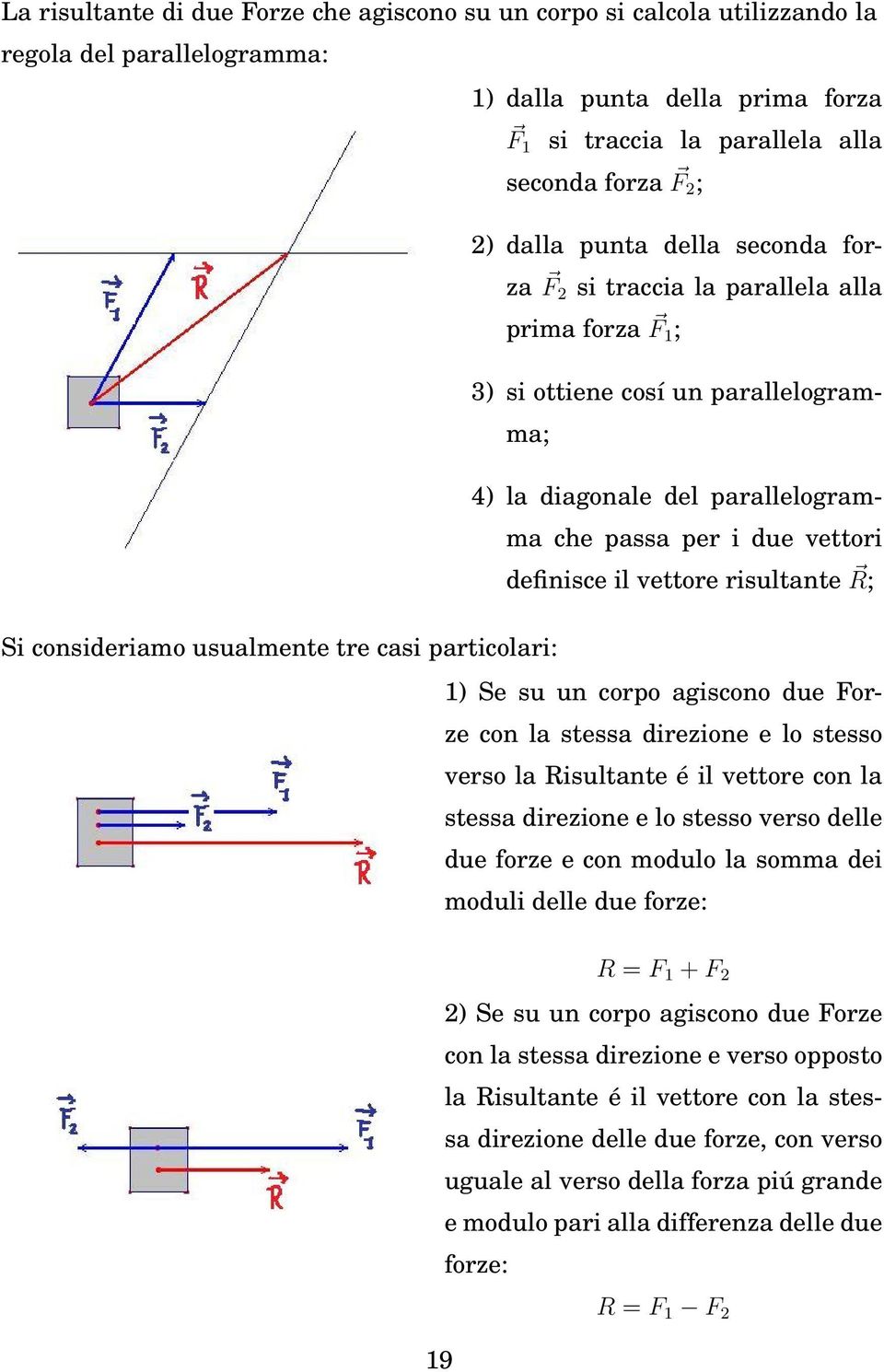 parallelogramma che passa per i due vettori definisce il vettore risultante R; 1) Se su un corpo agiscono due Forze con la stessa direzione e lo stesso verso la Risultante é il vettore con la stessa