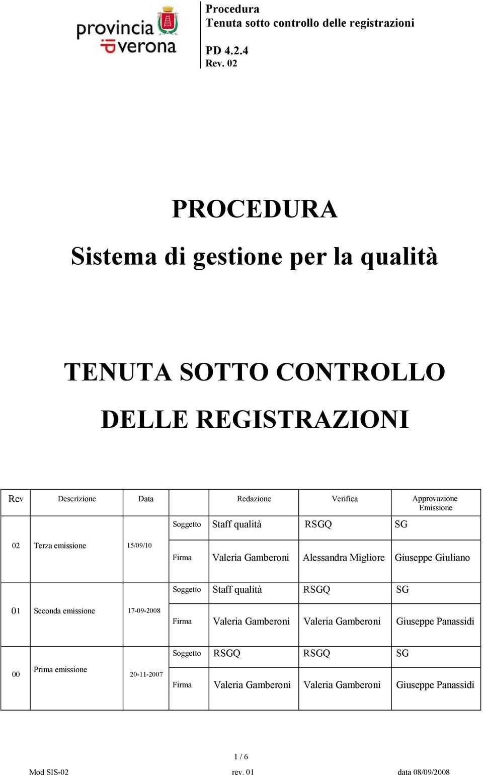 Approvazione Emissione Soggetto Staff qualità RSGQ SG 02 Terza emissione 15/09/10 Firma Valeria Gamberoni Alessandra Migliore Giuseppe