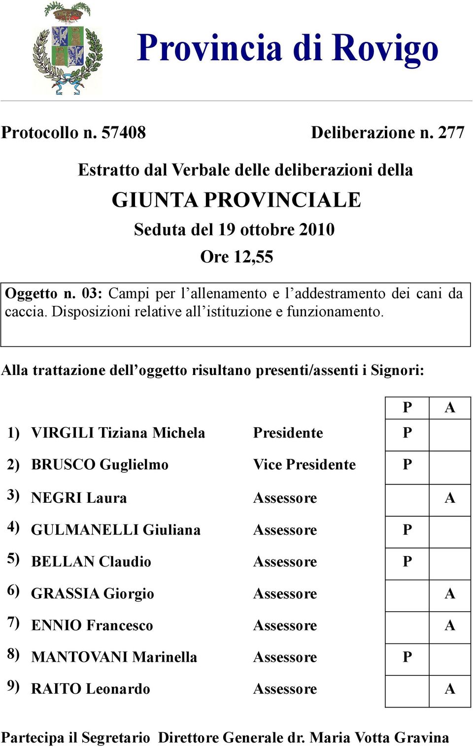 Alla trattazione dell oggetto risultano presenti/assenti i Signori: 1) VIRGILI Tiziana Michela Presidente P P A 2) BRUSCO Guglielmo Vice Presidente P 3) NEGRI Laura Assessore A 4)