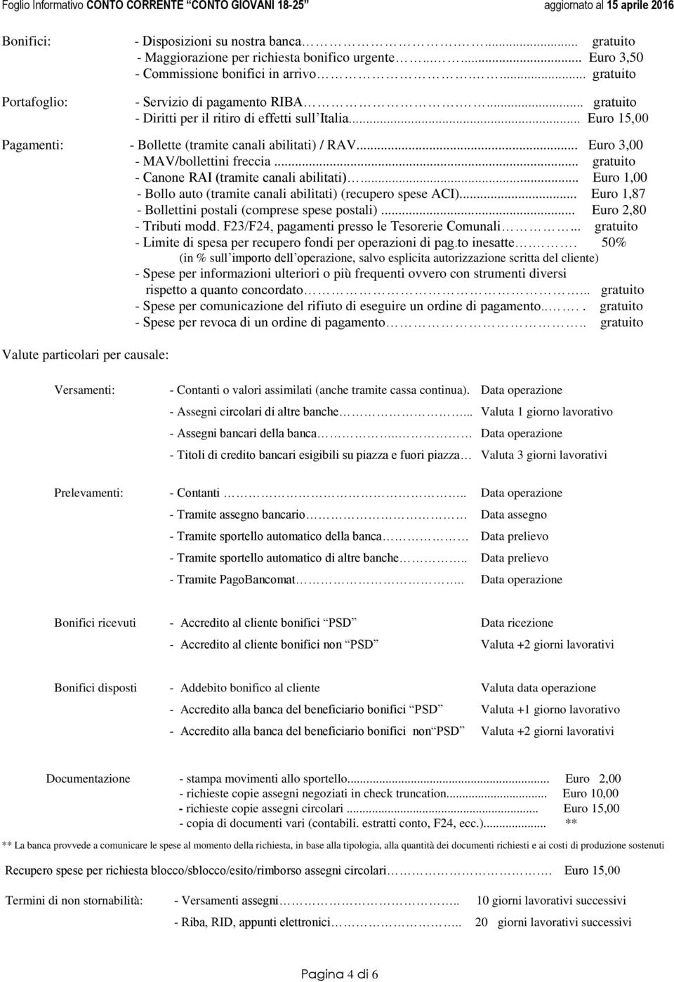 .. Euro 3,00 - MAV/bollettini freccia... gratuito - Canone RAI (tramite canali abilitati)... Euro 1,00 - Bollo auto (tramite canali abilitati) (recupero spese ACI).