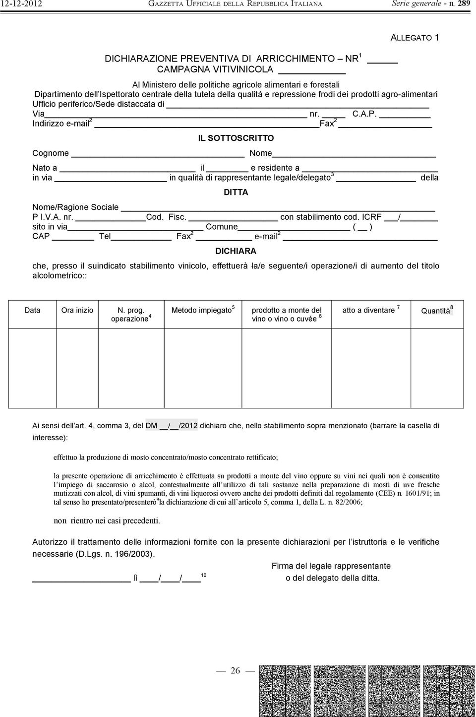 Indirizzo e-mail 2 Fax 2 IL SOTTOSCRITTO Cognome Nome Nato a il e residente a in via in qualità di rappresentante legale/delegato 3 della DITTA Nome/Ragione Sociale P I.V.A. nr. Cod. Fisc.