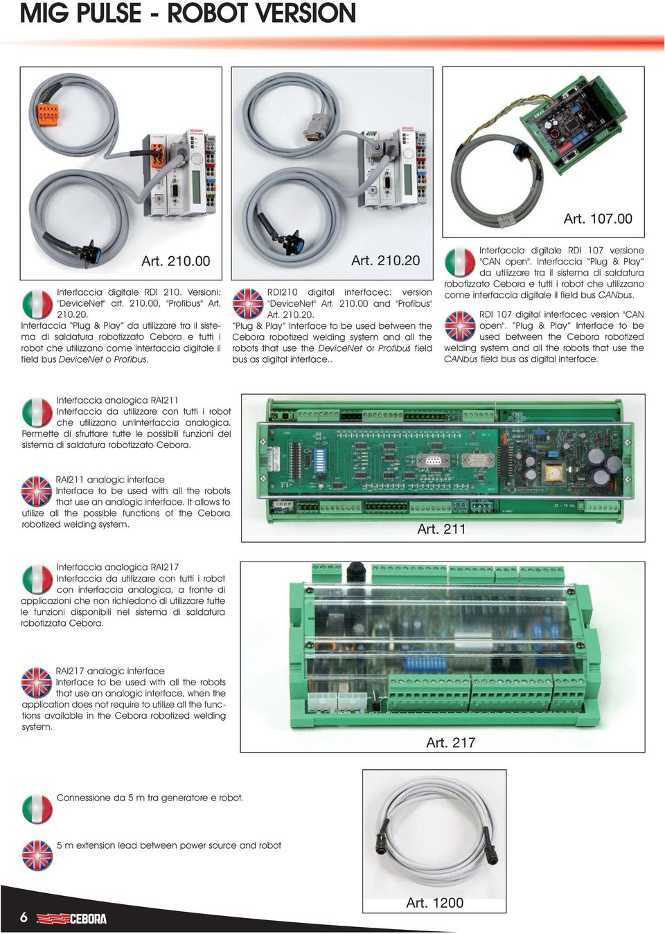 00 Art. 210.20 RDI210 digital interfacec: version "DeviceNet" Art. 210.00 and "Profibus" Art. 210.20. Plug & Play Interface to be used between the Cebora robotized welding system and all the robots that use the DeviceNet or Profibus field bus as digital interface.