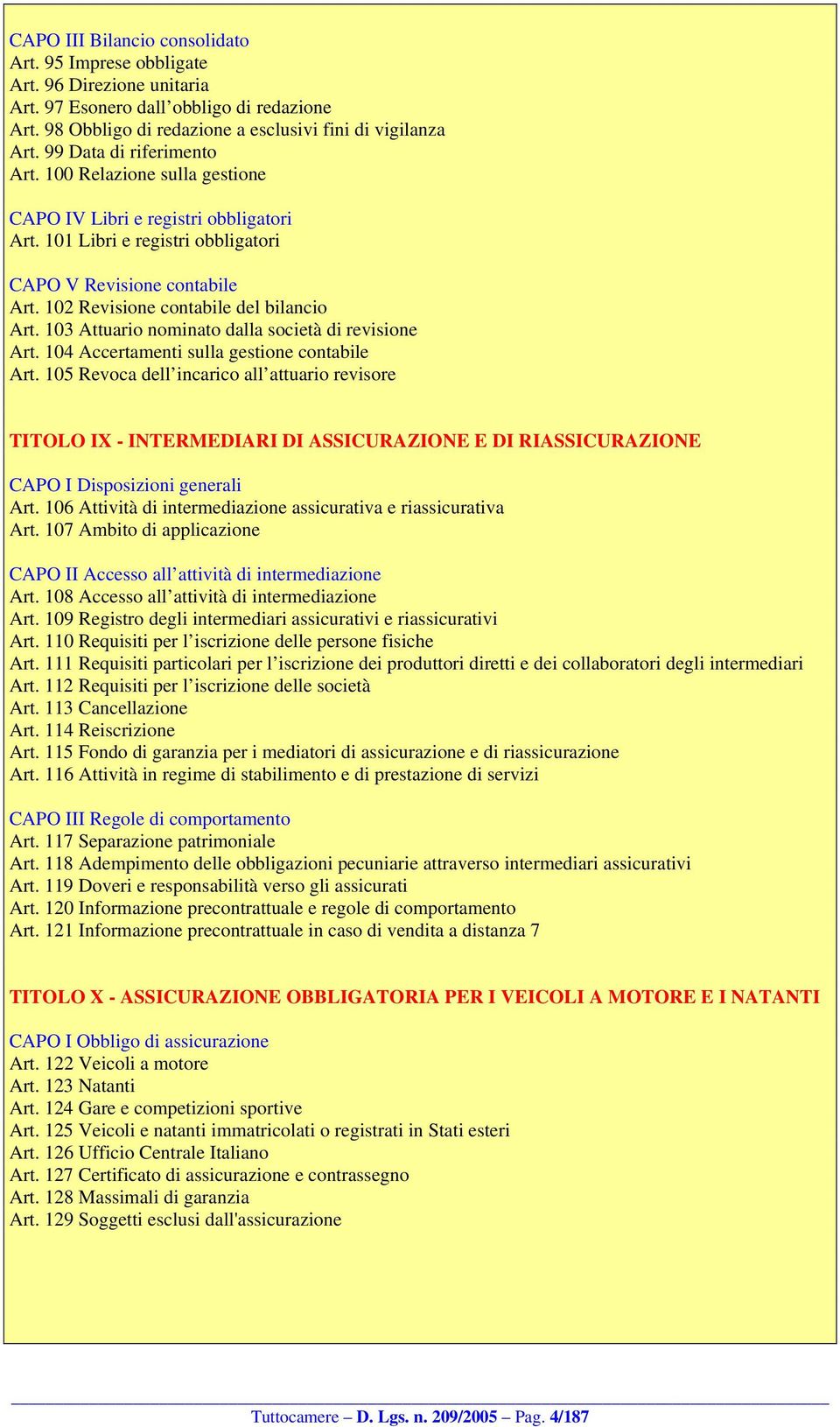 102 Revisione contabile del bilancio Art. 103 Attuario nominato dalla società di revisione Art. 104 Accertamenti sulla gestione contabile Art.