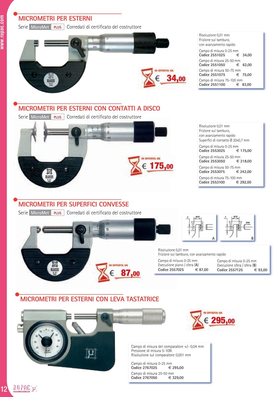 certificato del costruttore 175,00 Frizione sul tamburo, con avanzamento rapido Superfici di contatto Ø 20x0,7 mm Campo di misura 0-25 mm Codice 2553025 175,00 Campo di misura 25-50 mm Codice 2553050