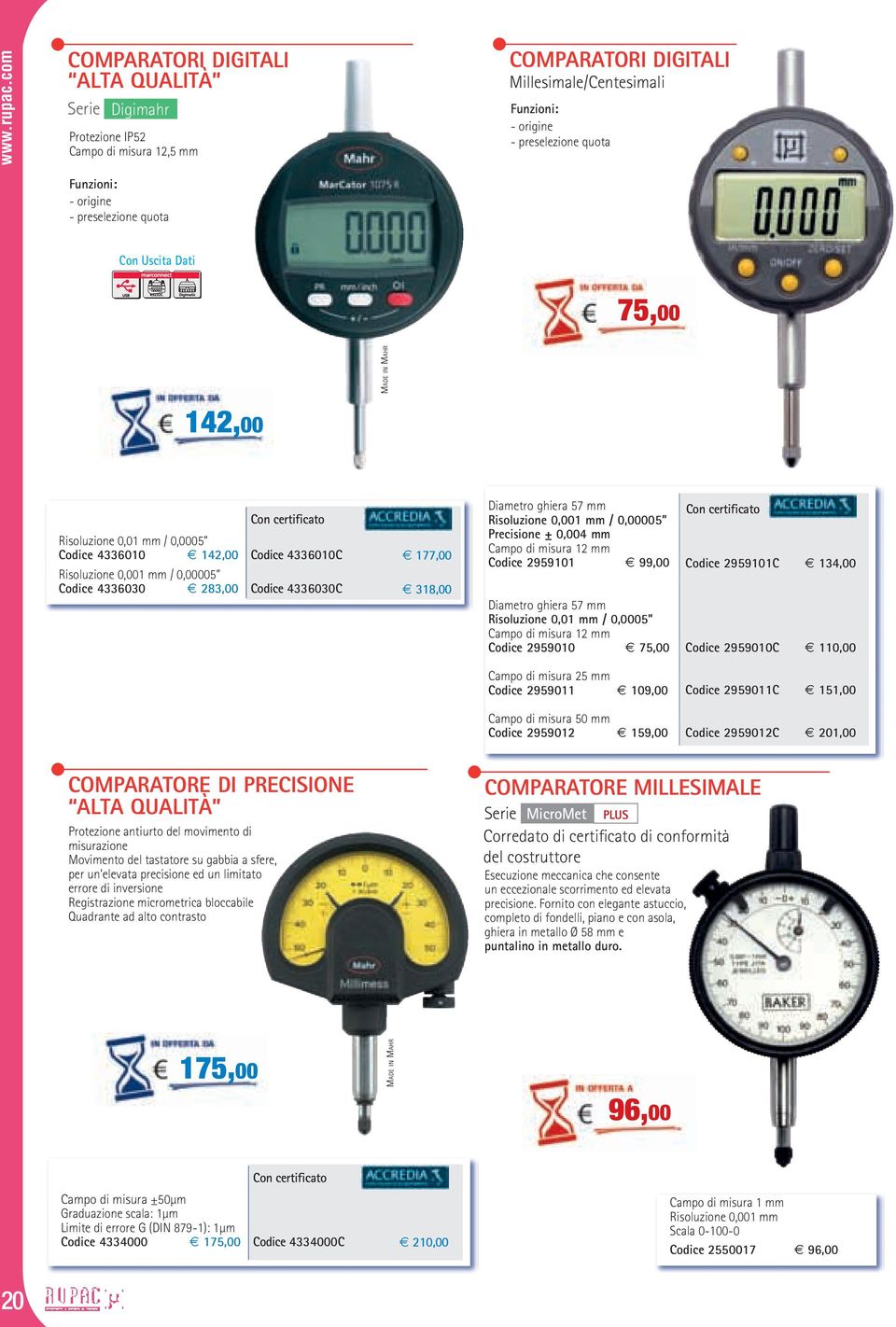 ghiera 57 mm Risoluzione 0,001 mm / 0,00005 Precisione ± 0,004 mm Campo di misura 12 mm Codice 2959101 99,00 Diametro ghiera 57 mm / 0,0005 Campo di misura 12 mm Codice 2959010 75,00 Campo di misura