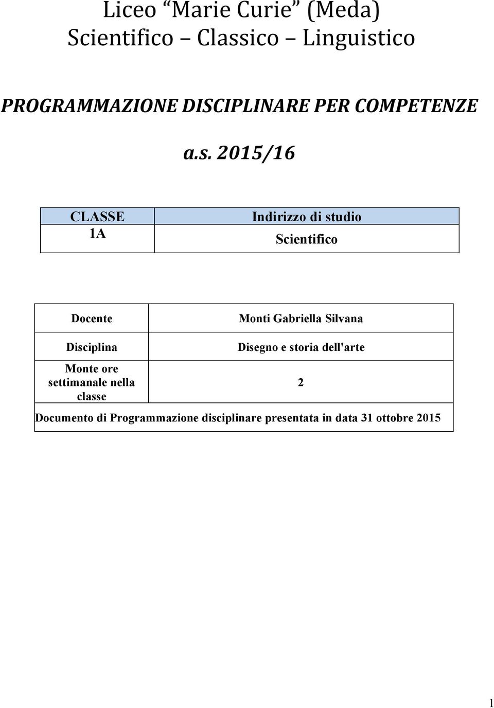 2015/16 CLASSE 1A Indirizzo di studio Scientifico Docente Monti Gabriella Silvana