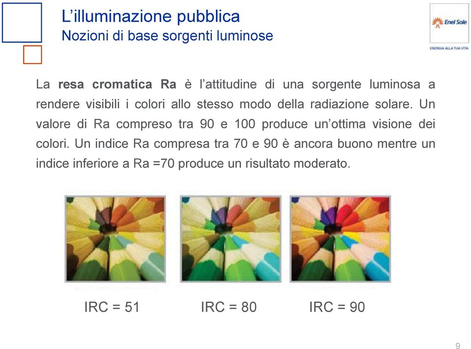 Un valore di Ra compreso tra 90 e 100 produce un ottima visione dei colori.
