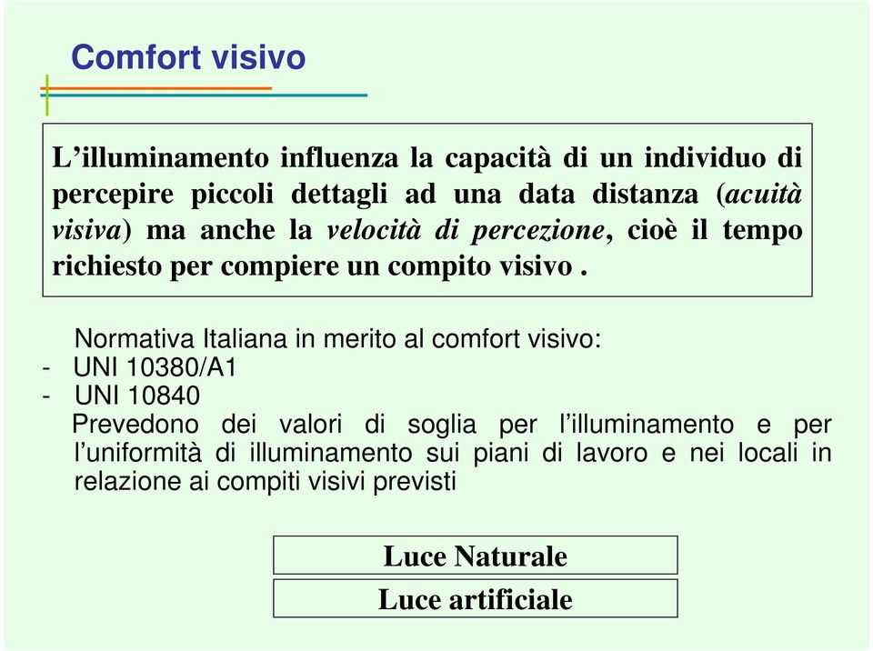 Normativa Italiana in merito al comfort visivo: - UNI 10380/A1 - UNI 10840 Prevedono dei valori di soglia per l
