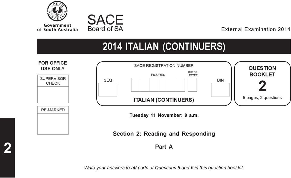 BOOKLET 2 5 pages, 2 questions RE-MARKED Tuesday 11 Novemb