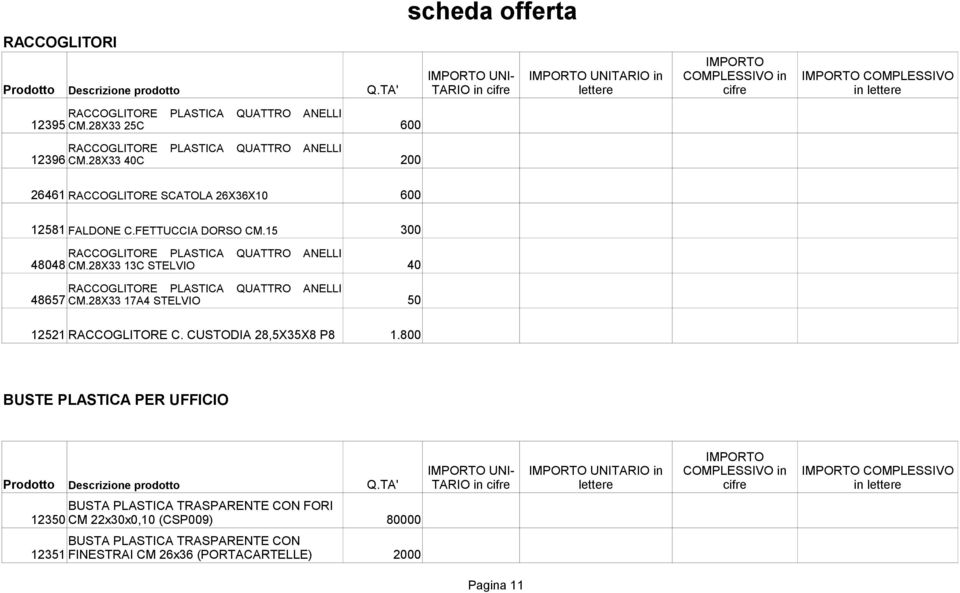 28X33 25C 600 RACCOGLITORE PLASTICA QUATTRO ANELLI 12396 CM.28X33 40C 200 26461 RACCOGLITORE SCATOLA 26X36X10 600 12581 FALDONE C.FETTUCCIA DORSO CM.