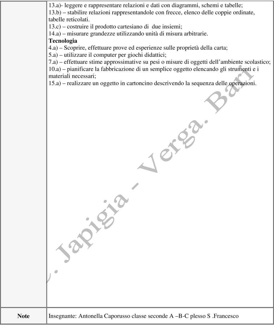 a) effettuare stime approssimative su pesi o misure di oggetti dell ambiente scolastico; 10.a) pianificare la fabbricazione di un semplice oggetto elencando gli strumenti e i materiali necessari; 15.