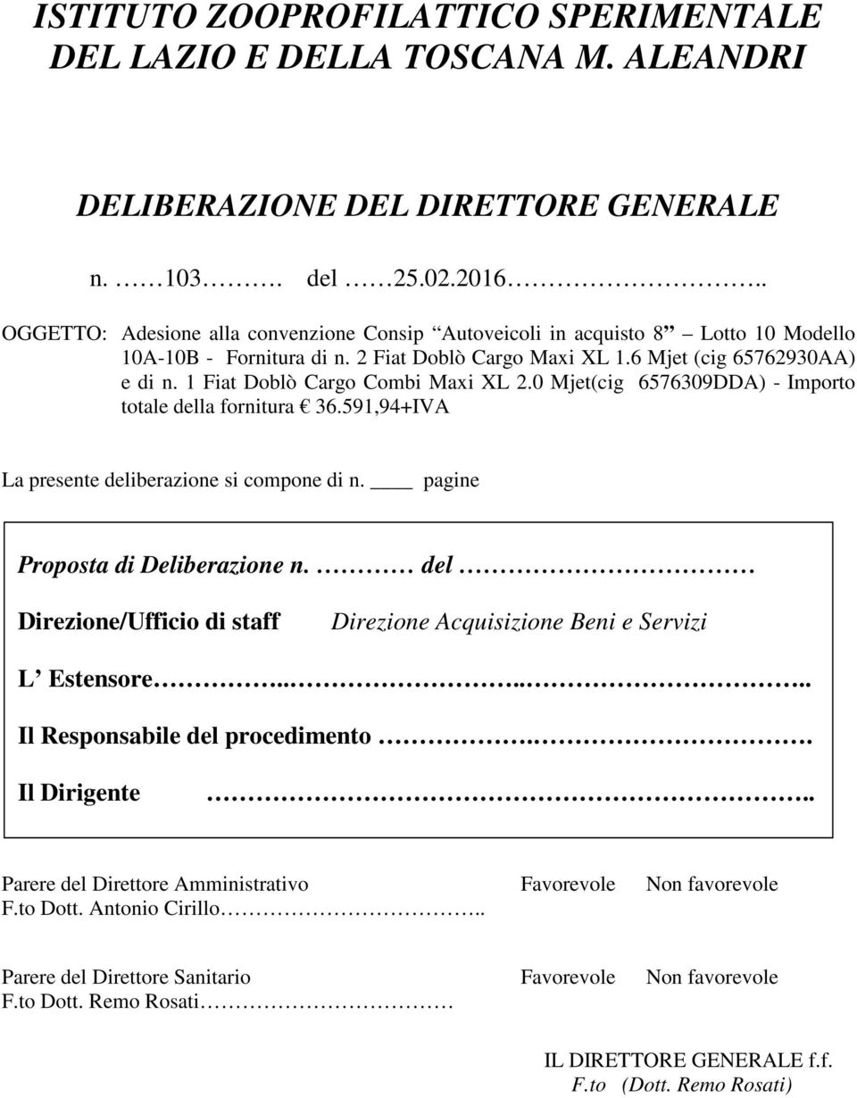 1 Fiat Doblò Cargo Combi Maxi XL 2.0 Mjet(cig 6576309DDA) - Importo totale della fornitura 36.591,94+IVA La presente deliberazione si compone di n. pagine Proposta di Deliberazione n.