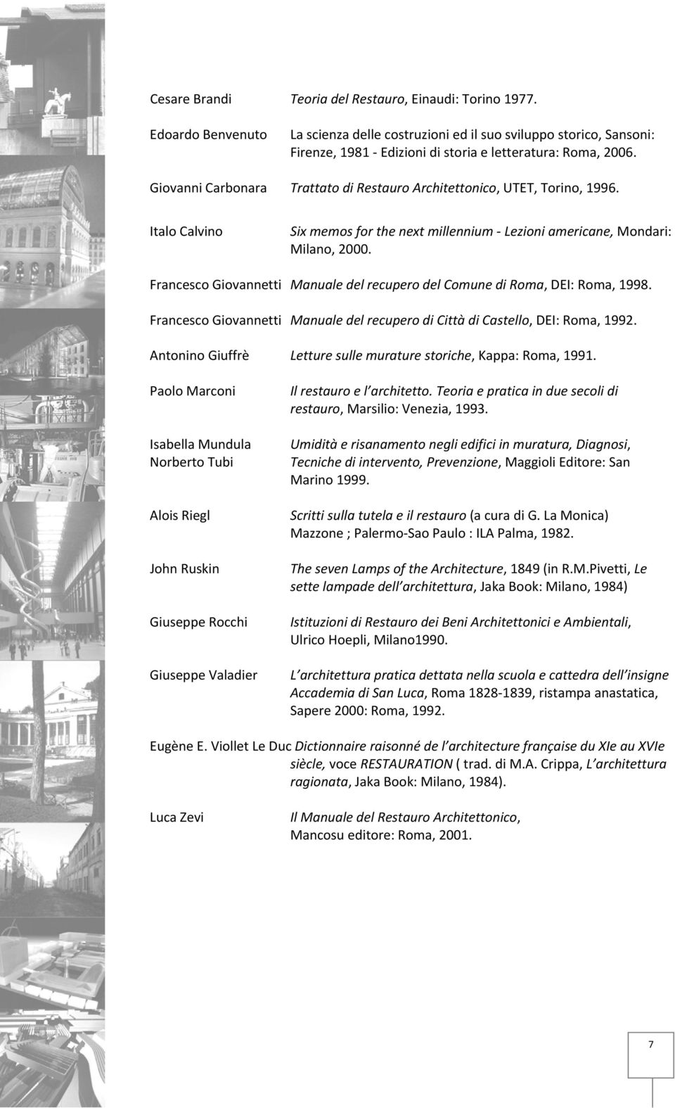 Francesco Giovannetti Manuale del recupero del Comune di Roma, DEI: Roma, 1998. Francesco Giovannetti Manuale del recupero di Città di Castello, DEI: Roma, 1992.