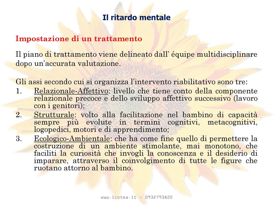 Relazionale-Affettivo: livello che tiene conto della componente relazionale precoce e dello sviluppo affettivo successivo (lavoro con i genitori); 2.