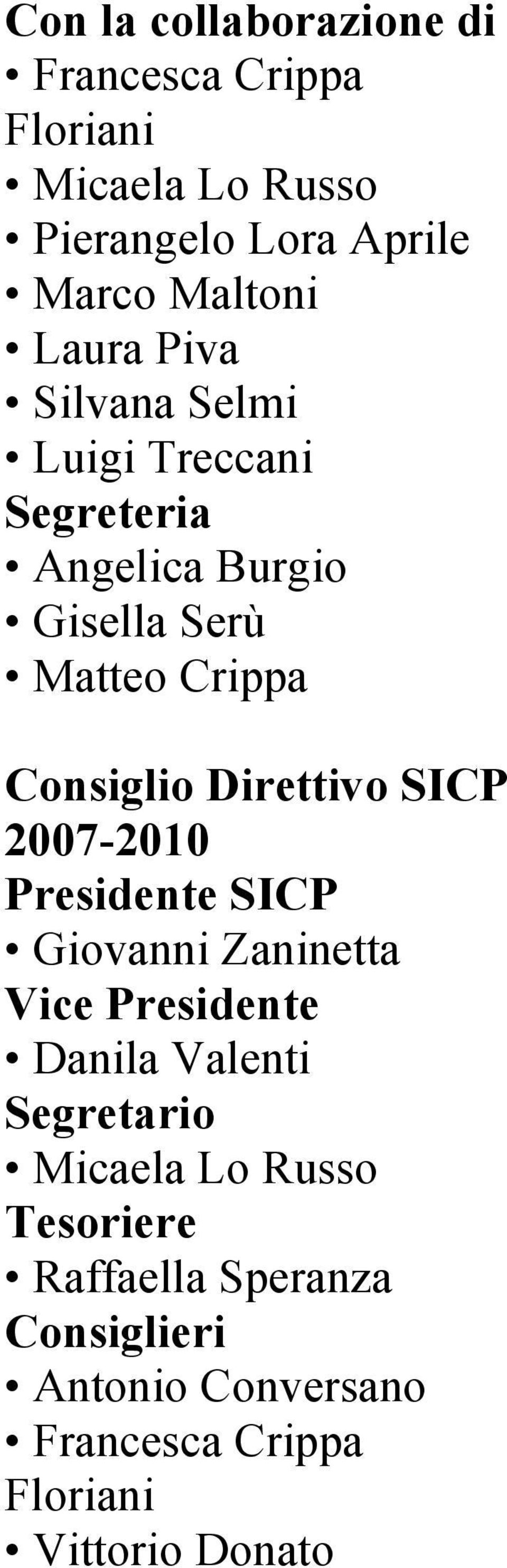 Direttivo SICP 2007-2010 Presidente SICP Giovanni Zaninetta Vice Presidente Danila Valenti Segretario