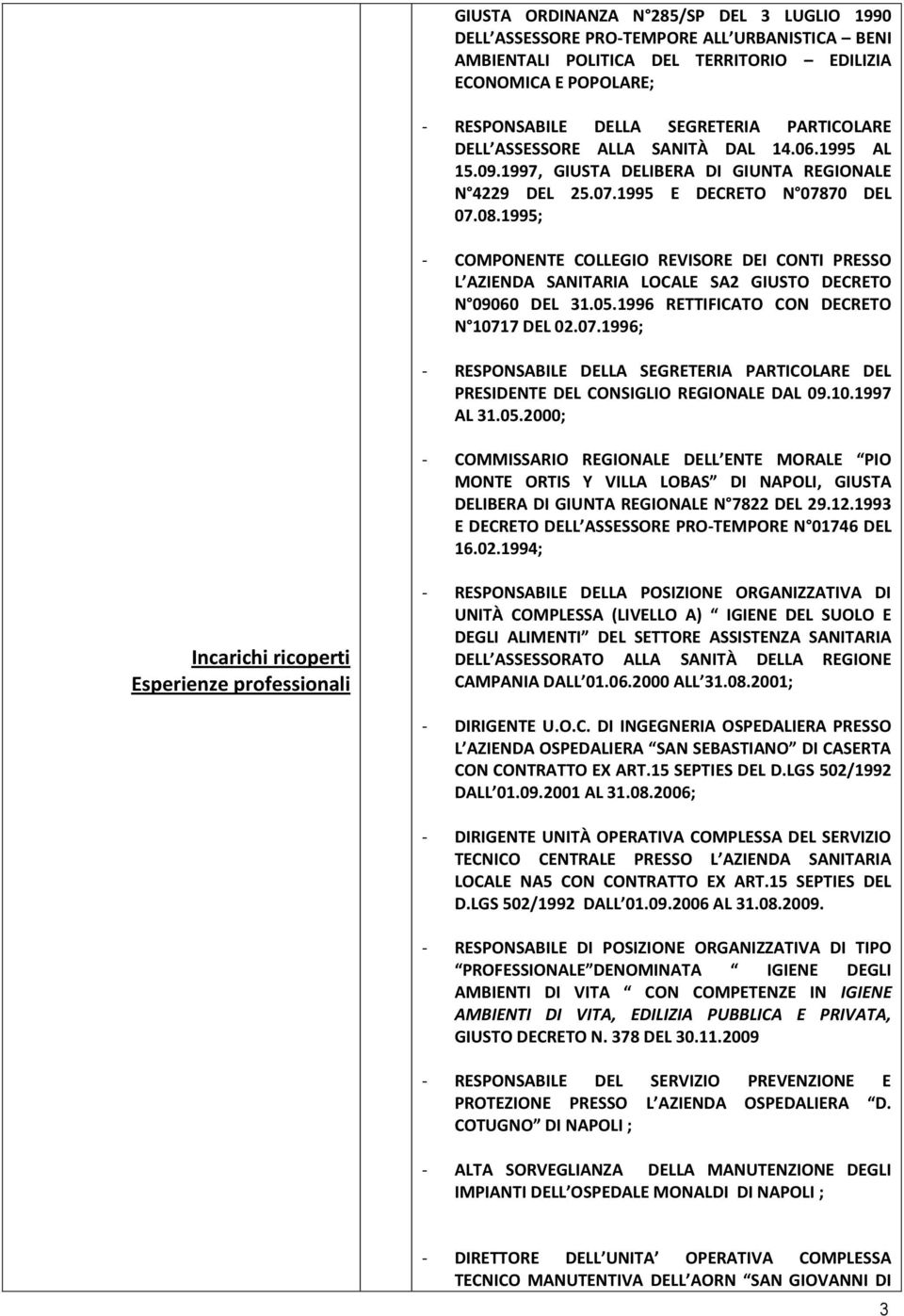 1995; - COMPONENTE COLLEGIO REVISORE DEI CONTI PRESSO L AZIENDA SANITARIA LOCALE SA2 GIUSTO DECRETO N 09060 DEL 31.05.1996 RETTIFICATO CON DECRETO N 1071